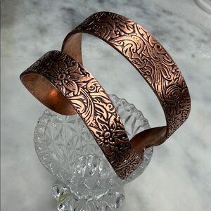 Detailed Floral Tooled Double Copper Cuff Bracelet SM